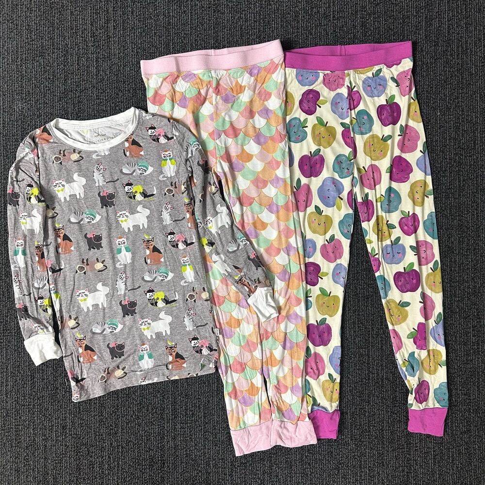 Little Sleepies Pajamas Lot of 2 Pants & 1 Top Cats Apples Mermaid Size 7-8 Y